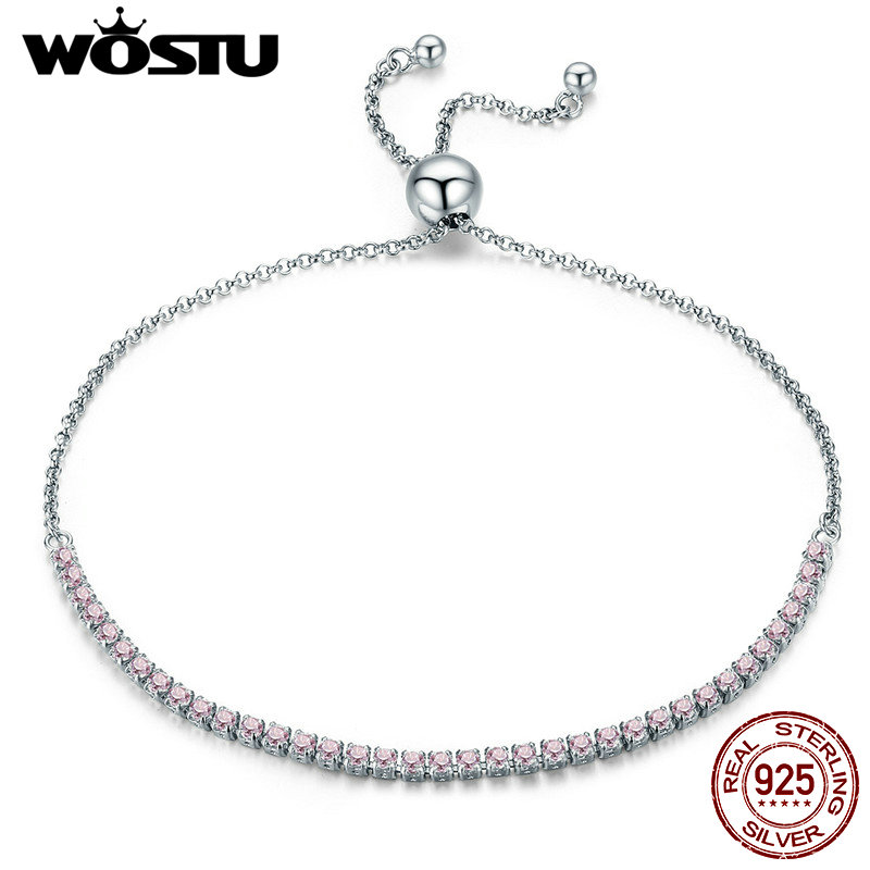 WOSTU regalo di san valentino argento Sterling 925 luminoso, rosa CZ Strand bracciale Tennis bracciale donna S925 gioielli in argento CQB045