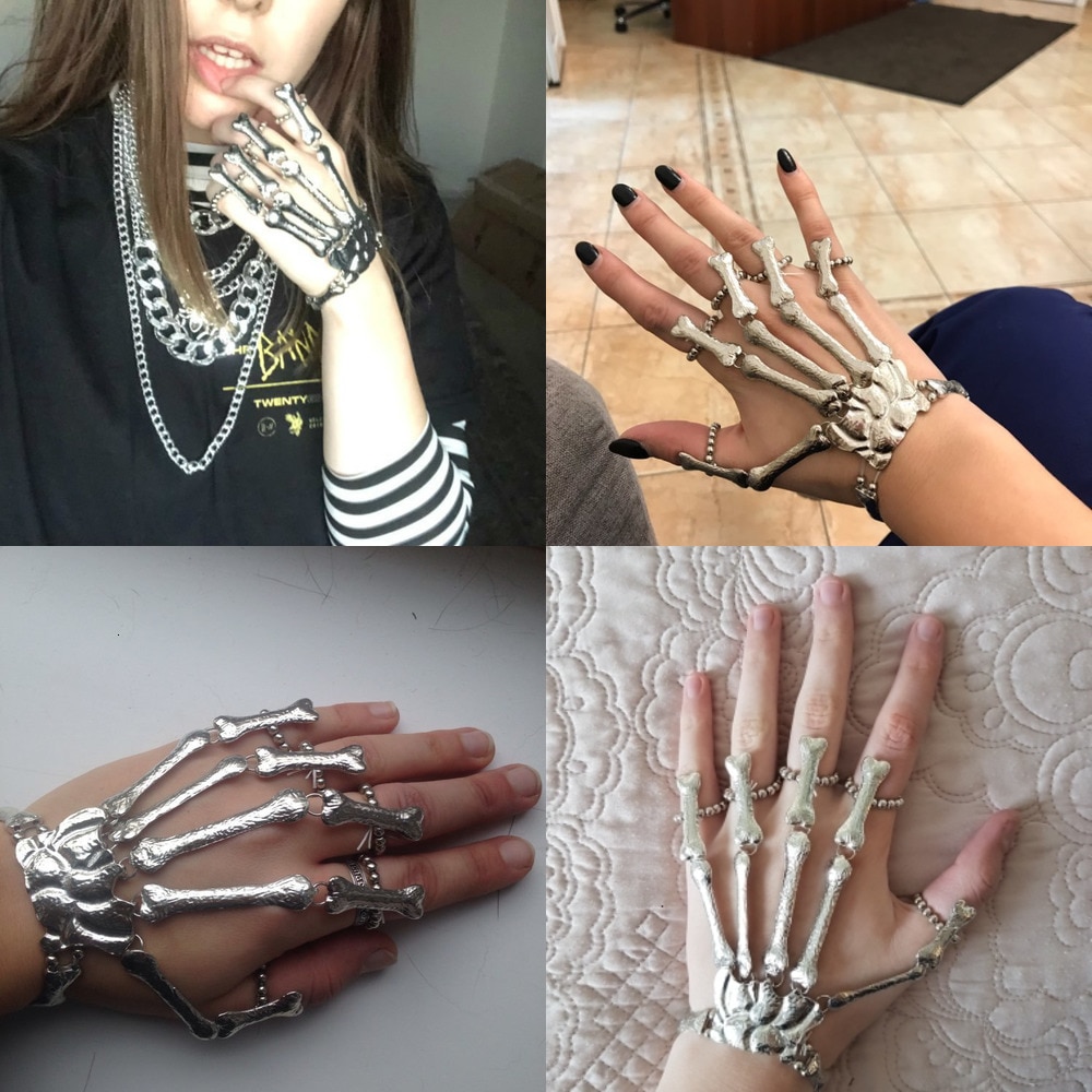 Nightclub Gothic Punk Skeleton Bone Hand Bangle For Women Accessories Metal Skull Finger Bracelets Bangles