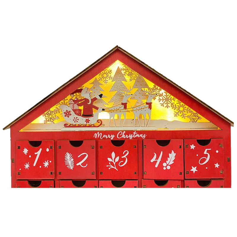 Snowy Village Christmas Red Wooden Advent Calendar House with LED Light Drawer