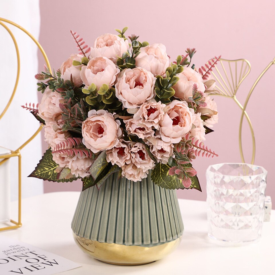 1 bukett kunstig mini peon blomster bukett 9 hoder peon blomster til hjemmet bord vise bryllup diy dekorasjon blomster