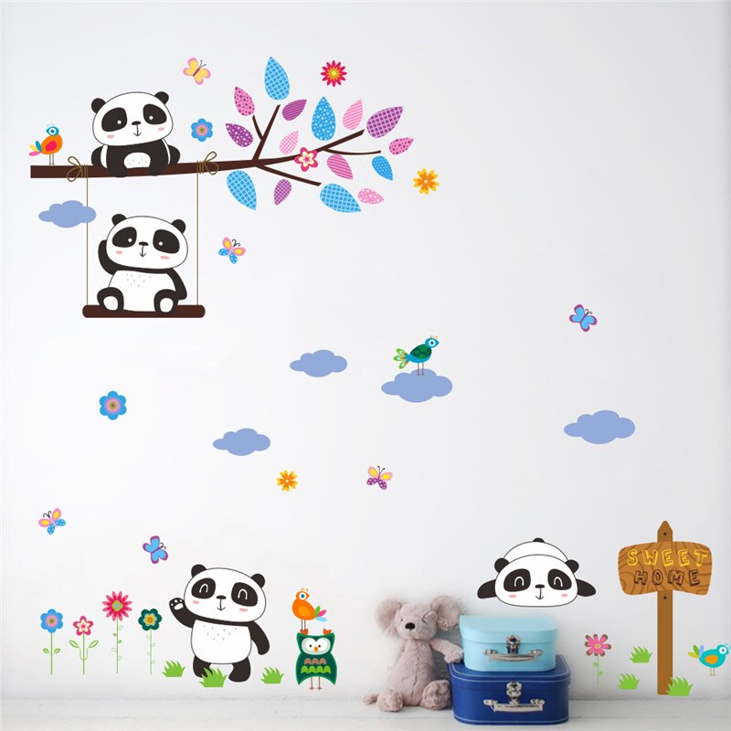 Lovely Panda Birds Wall Stickers For Kids Baby Nursery Rooms Decor Home Cute Animals PVC Mural Wall Art DIY Decals: 175