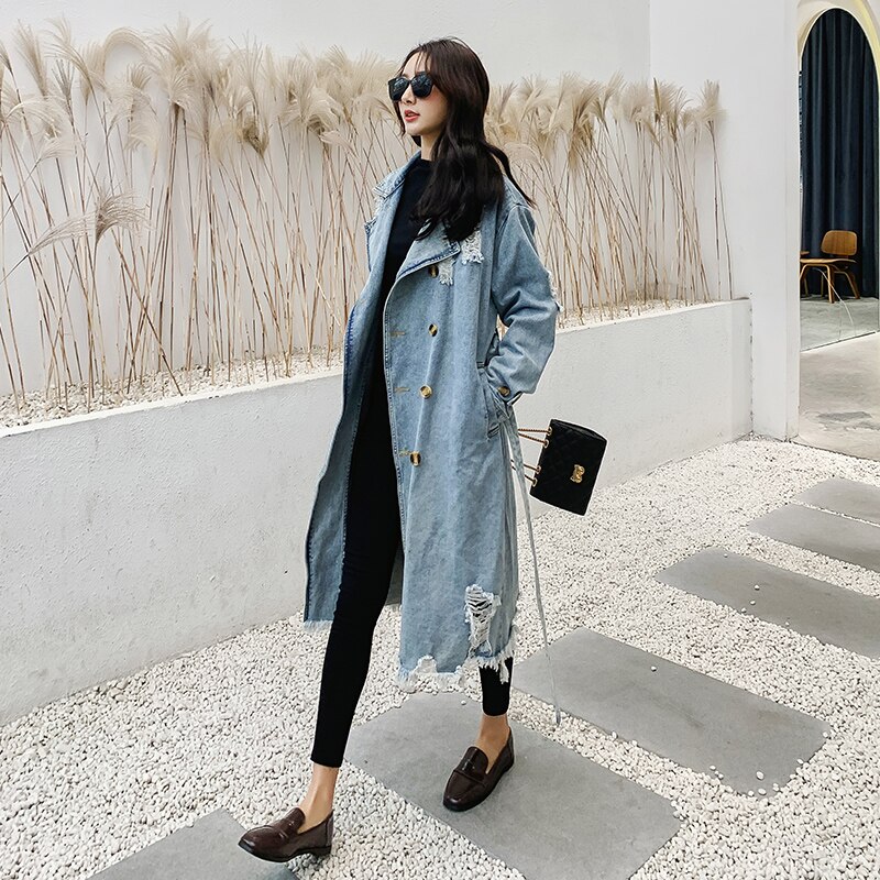 Vintage Denim Trench Coat Women Classic Double Breasted Hole Long Windbreaker Female Spring Street Loose Denim Coat