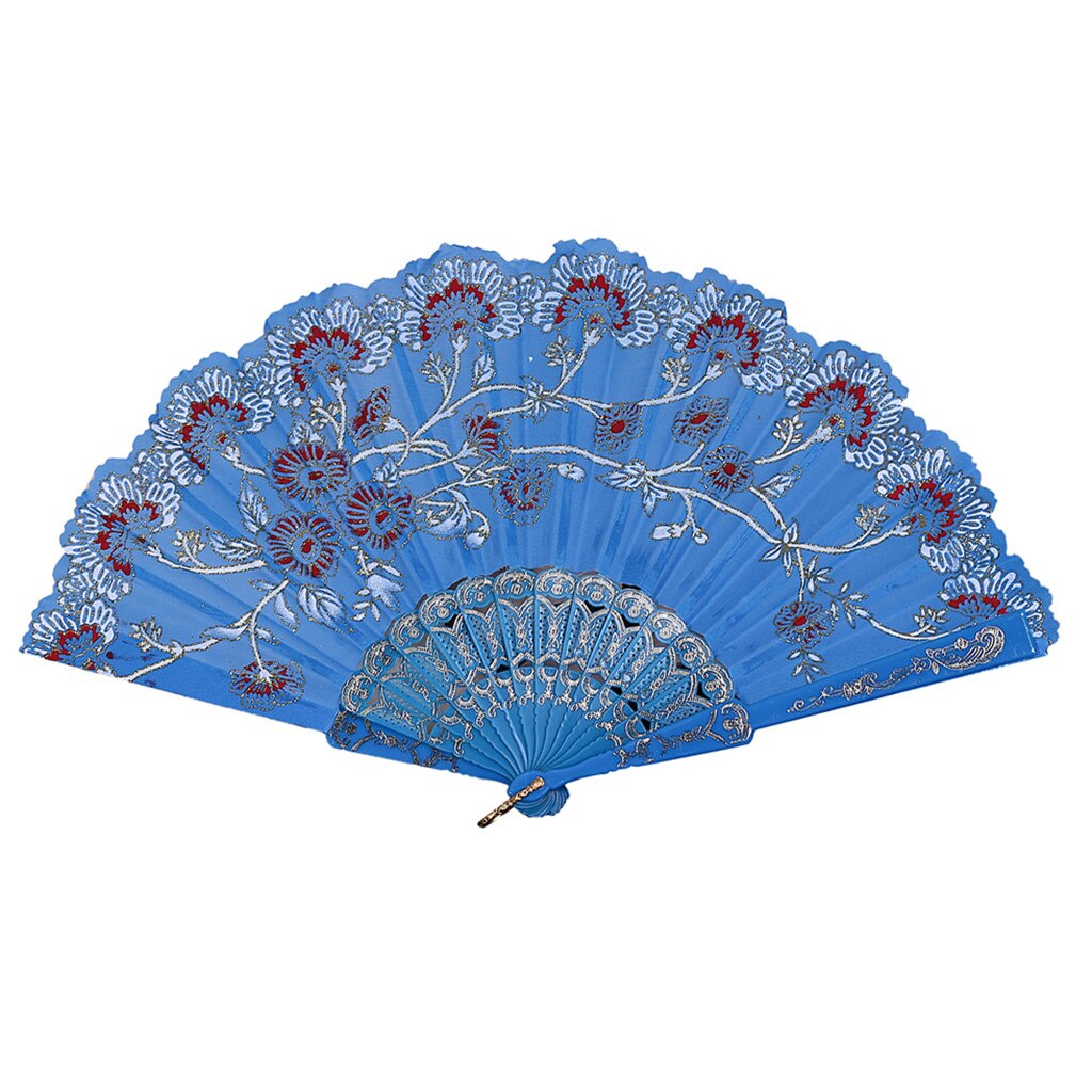 Fãs de flores do vintage bordado estilo chinês dança festa casamento mão fã rendas seda dobrável realizada flores ventilador abanico navio da gota: CÉU AZUL