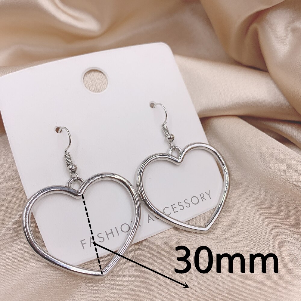 30Mm Grote Zilveren Kleur Hollow Heart Oorbellen Voor Vrouwen Mode Oor Manchet Piercing Dangle Earring