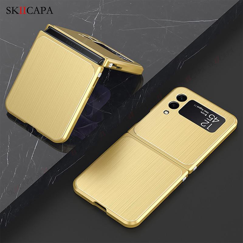 Magnetische handyhülle aus gebürstetem metall für samsung z kippen 3 5g rahmen aus aluminiumlegierung, hartschalen-schutzhülle mit schnalle für Galaxis z kippen 3 5g -f711b: Gold