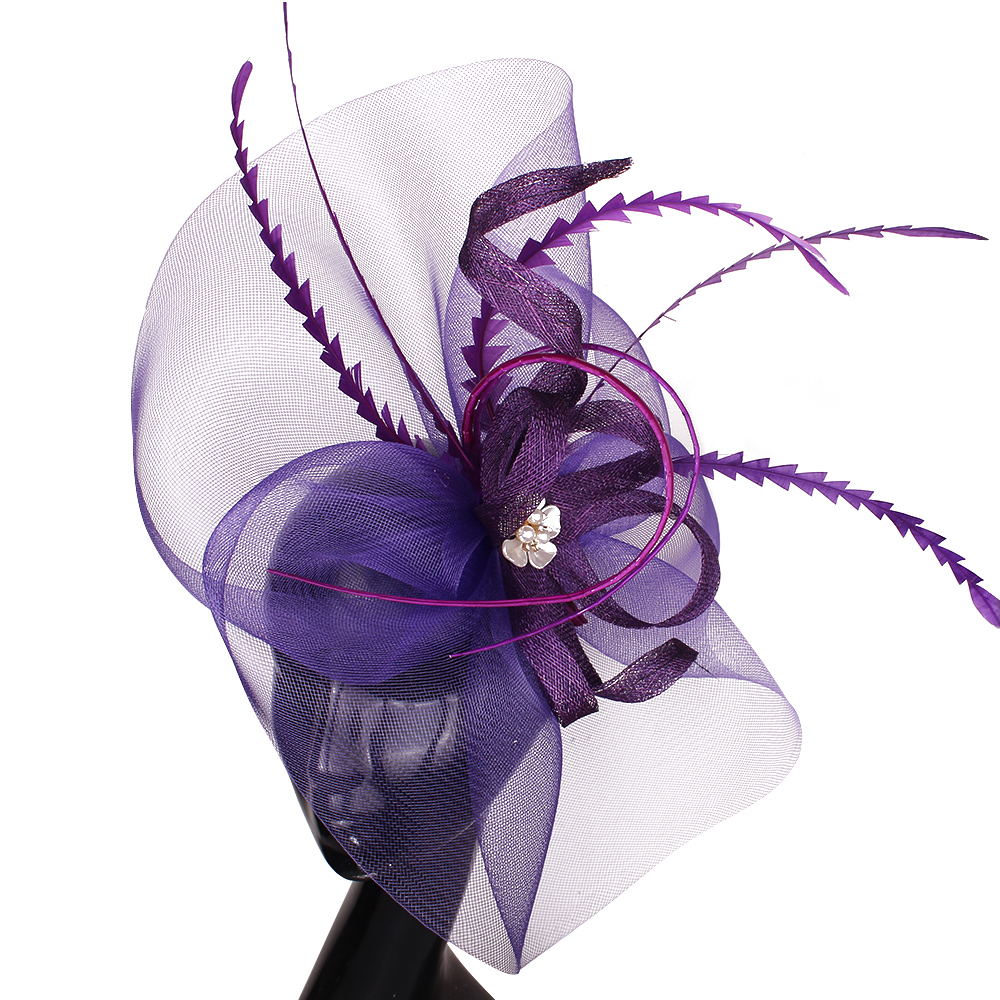 Women Sinamay Fascinators Hair Clip Wedding With Feather Nice Gold Hair Accessories Women Party Hat Wedding Headwear Hair Pins: PURPLE