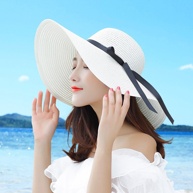 women's straw hat wide brim sun hat ladies solid black ribbon bow floppy beach hat female packable summer hat: A1