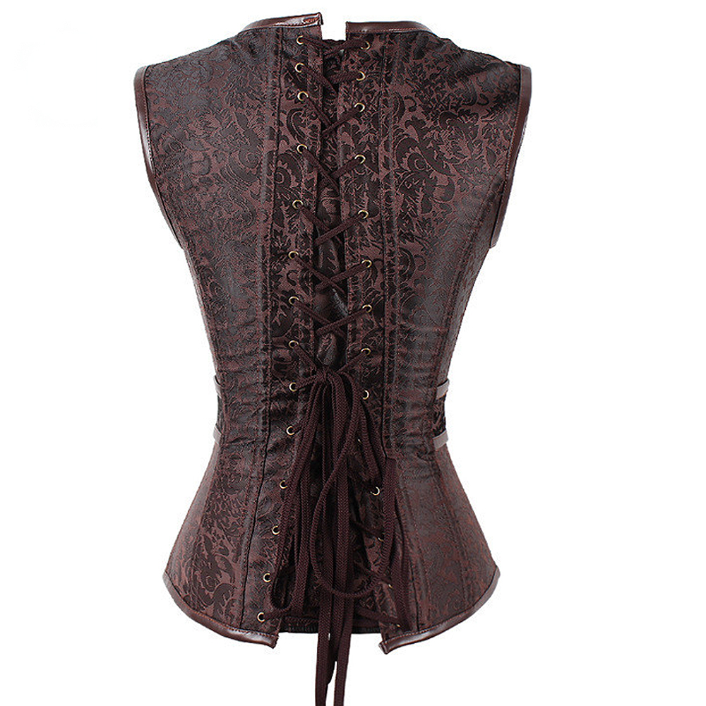 Womens Brown Steampunk Corset Gothic Clothing Sexy Jacquard PU leather Steel Boned Zip Buckle Corsets And Bustiers Cool