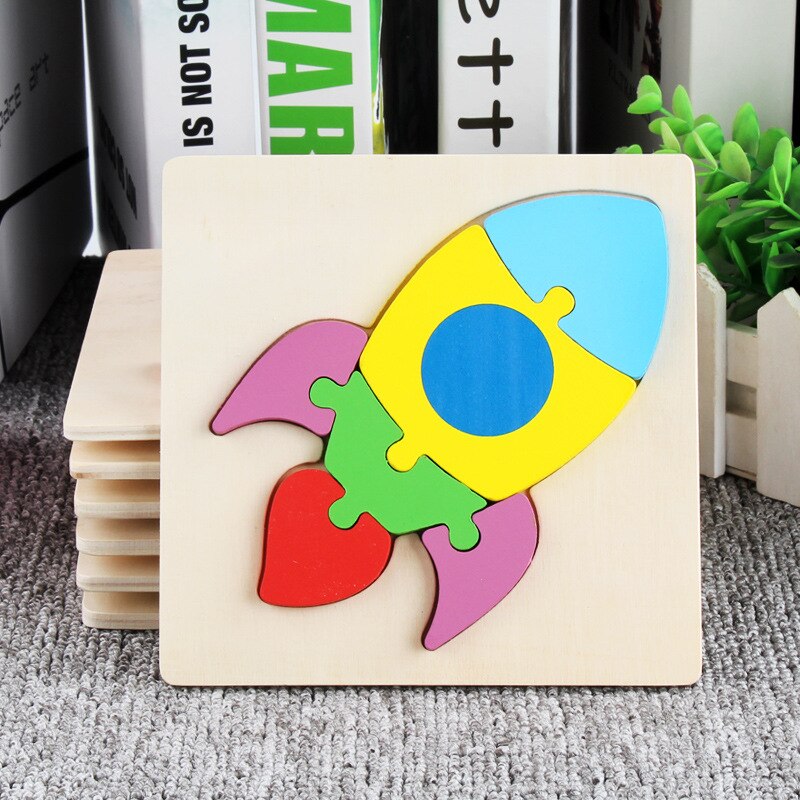 Children's wooden 3D cartoon animal three-dimensional puzzle baby early education small jigsaw puzzle toy: rocket