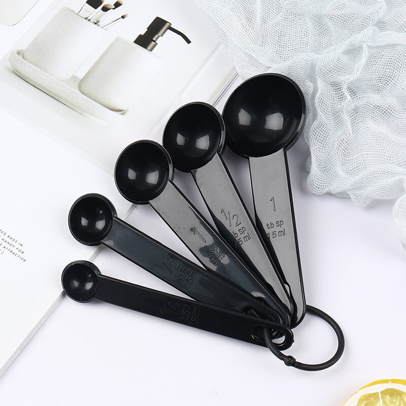 1Set Lovely Colorful Plastic Measuring Cups Measure Spoon Kitchen Tool Kids Spoons Measuring Set Tools For Baking Coffee Tea: black