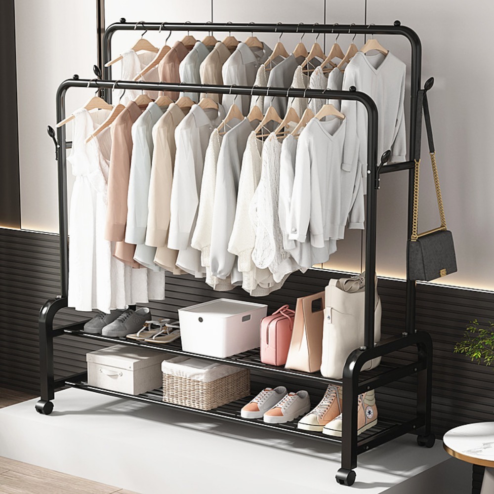 Kapstok Verplaatsbare dubbele kledingplank Eenvoudige stang Kleding Vloerstaande slaapkamer Telescopische vloerhangers Opbergkapstok