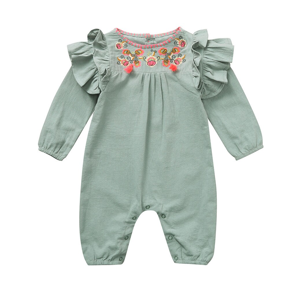 Baby Infant Rompers Baby Boys Girls Long-Sleeved Romper Ruffles Embroidery Floral Infant Jumpsuit Baby Toddler Clothes#Aug: LG / 18M