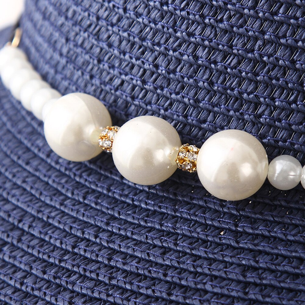 zomer Mode Zomer vrouwen Opvouwbare Wide Brim Grote Elegante Parel Strand Zonnehoed Stro Strand Cap Voor dames Meisjes