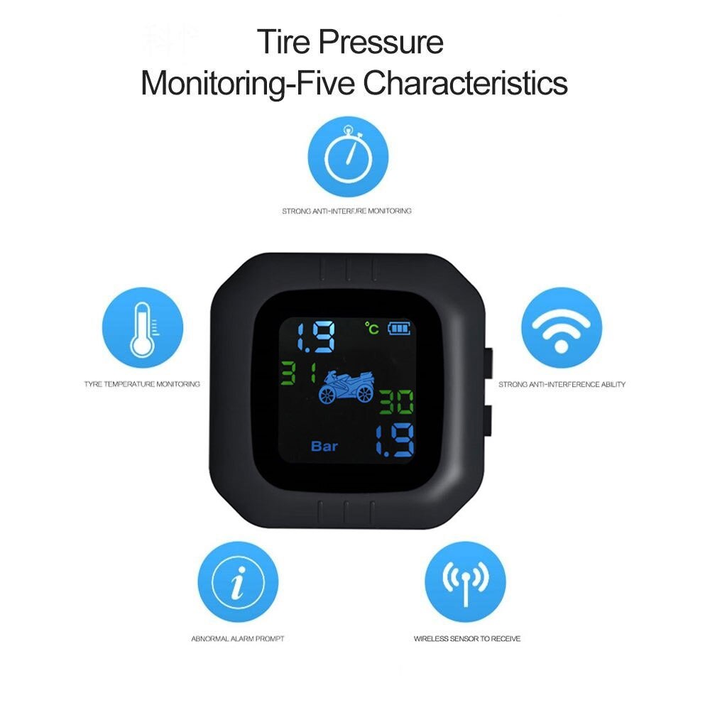 LCD Motorcycle Tpms Alarm Moto External Sensors Wireless Tyre Pressure Monitor System USB Bluetooth Mobile Phone APP Detection