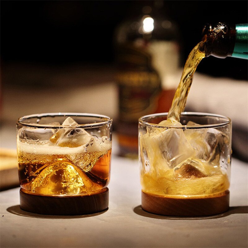 Transparent Whiskey Glass with Wooden Base Heat Resistant Beer Glass Wine Water Tea Cup Set Bar Crystal Home Drinkware