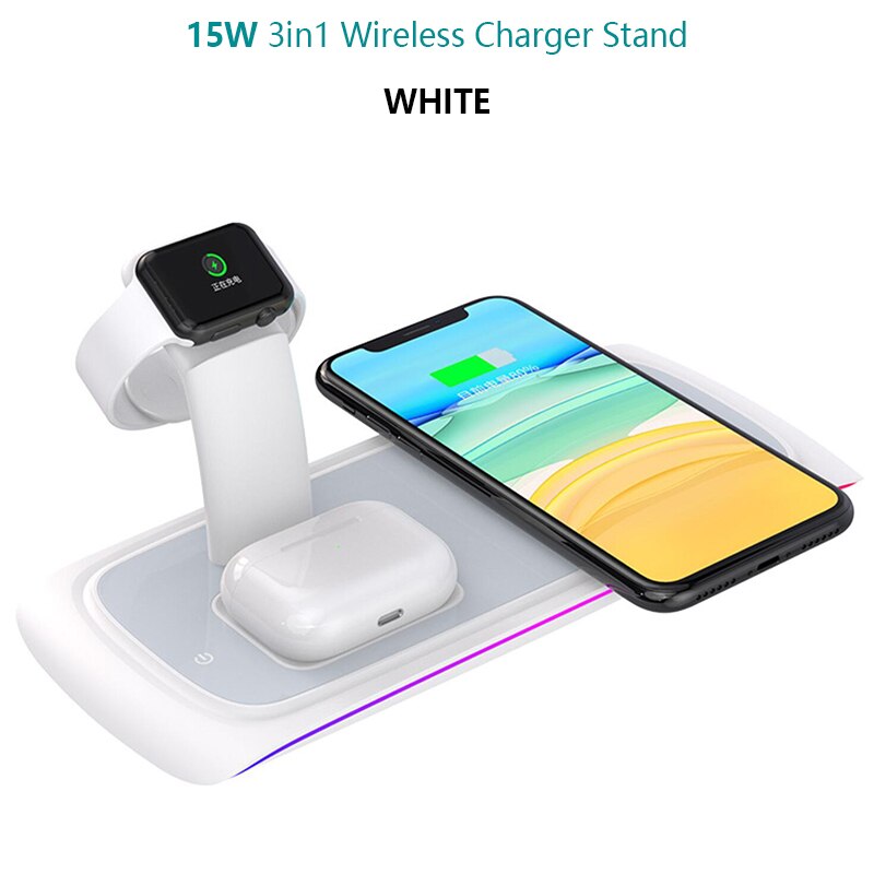 15W Snelle Qi Draadloze Lading Universele 3 In 1 Draadloze Oplader Voor Iphone 11 Xs Iwatch Airpods Pro Telefoon stand Laadstation: White