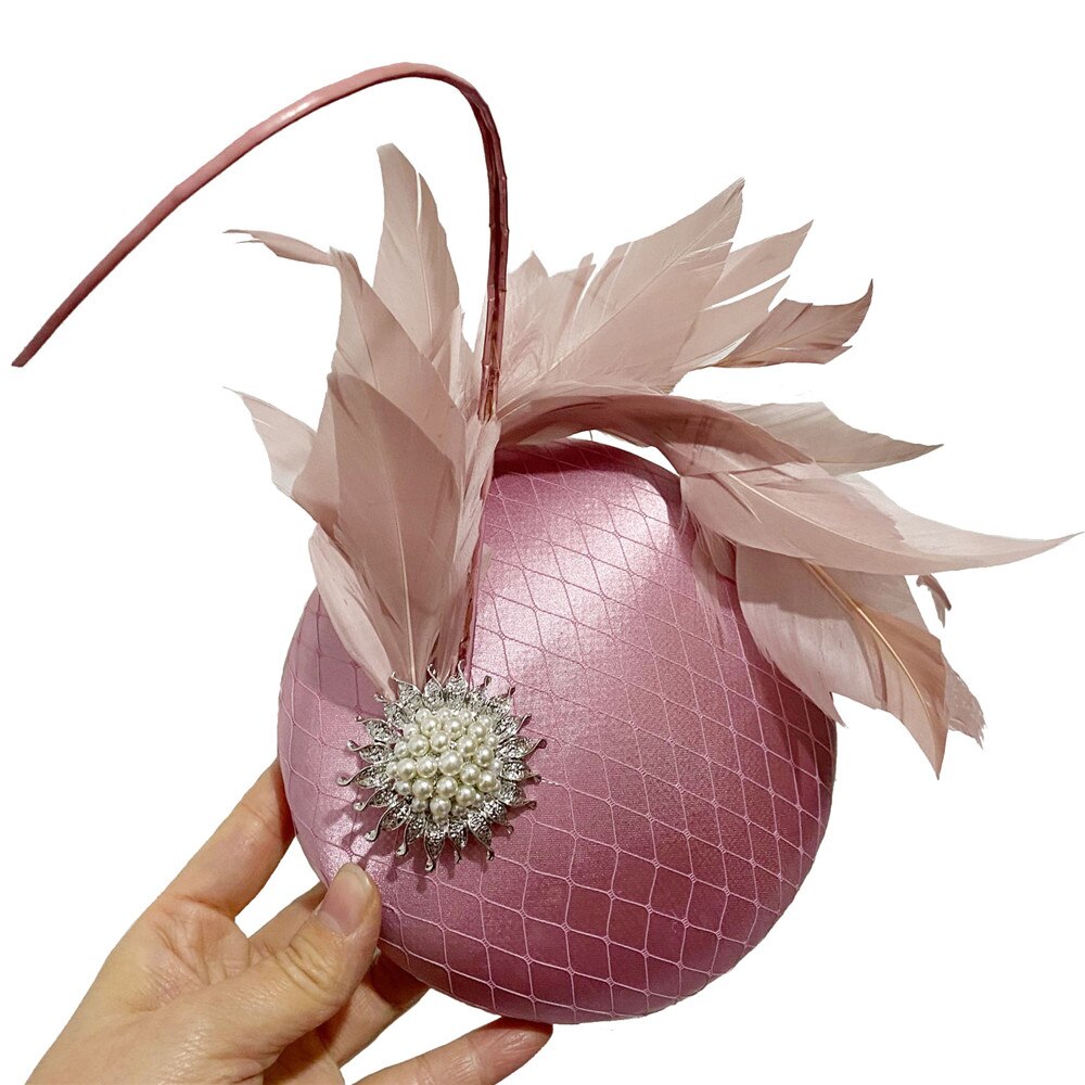 Satin Green Wedding Fascinator Hat Bridal Headpiece With Fancy Feather Hair Accessories Formal Chuch Occasion: peach