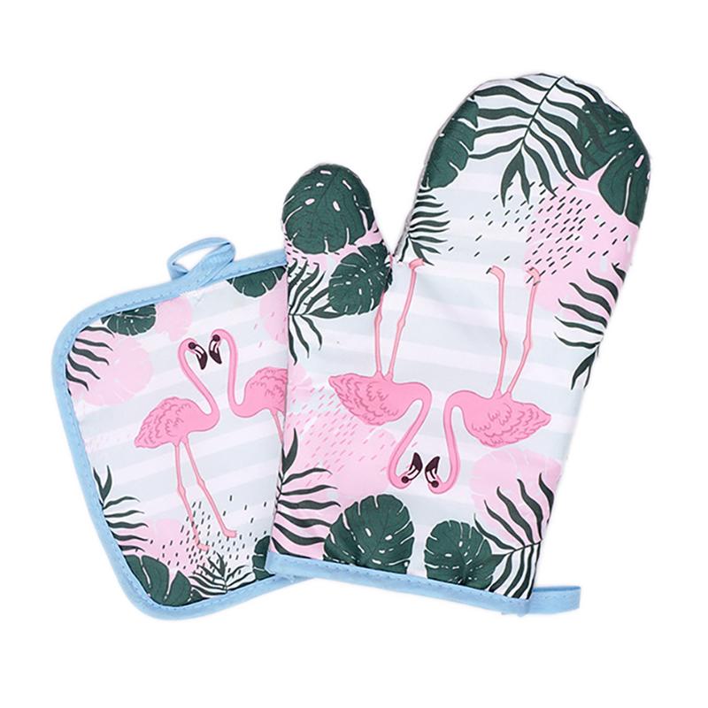 flamingo mønster mikrobølgehansker isolert pute bomulls lin pute høy temperaturbestandige ovnhansker gryteholder kjøkkenverktøy: D