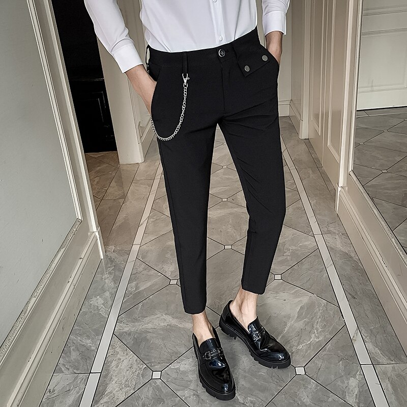 Kedja dekoration herr slim fit affärsklänning byxor fritidsbyxor byxor ankellängd formell bröllopsbyxa pantalon kostym: Svart / 31