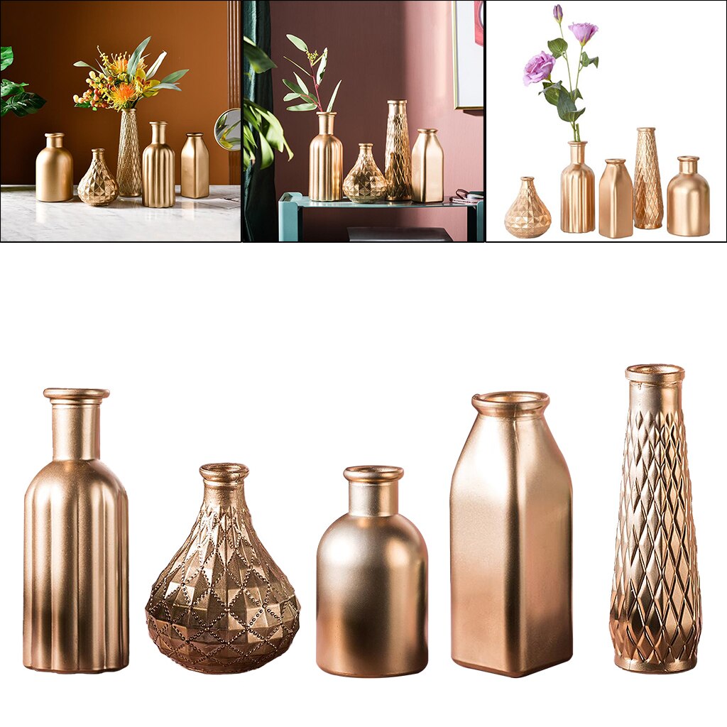 European Golden Flower Vase Plant Container Glass Desktop Sculpture Ornament