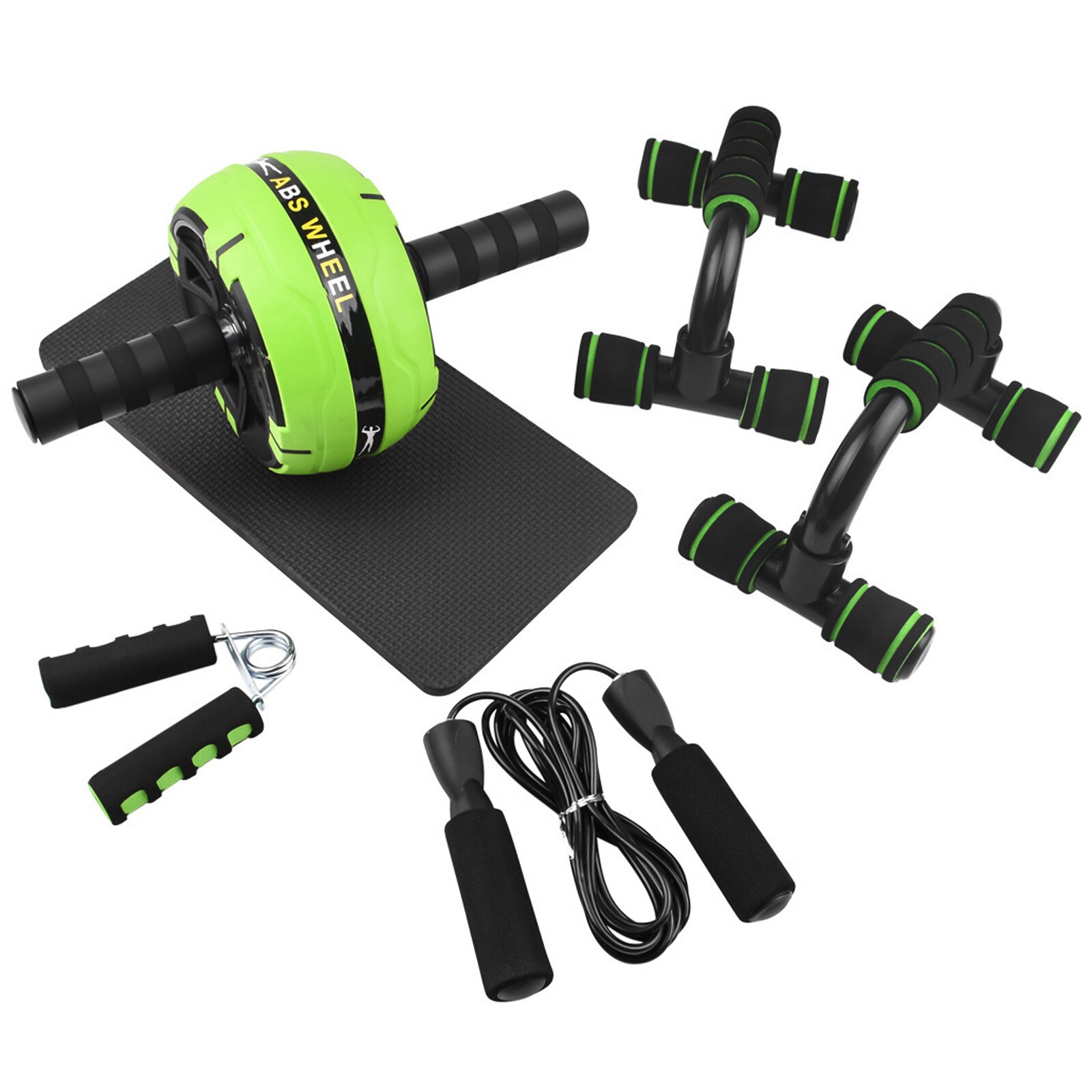 AB Wheel Roller Kit Abdominal Wheel Set with Push-Up Bar Jump Rope Hand Gripper and Knee Pad Home Gym Workout Equipment: Green 6pcs