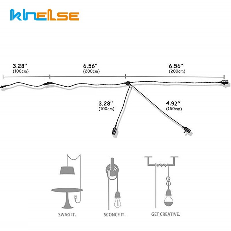 Vintage 3 Heads LED Lamp Base E27 Bulb 110V/220V Pendant Light With Dimmer Switch EU US Plug Socket Holder Hanging Light Fixture