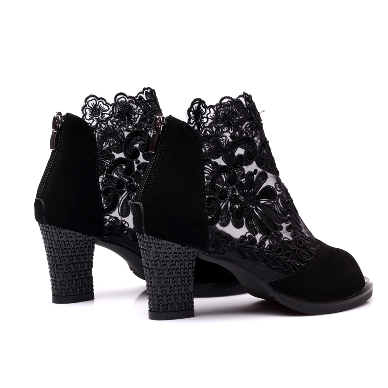 USHINE 5363 Hak 7 cm Zwart Rood Kant Outdoor Indoor Moderne Square Dance Schoenen Buck Zip Ballroom Latin Dance Schoenen vrouwen
