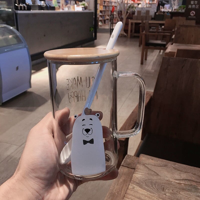 High borosilicate glass Glass Cup Bear Pattern Transparent Glass Bottle Drinking tea cup with Straw with Lid Cute Large Capacity: with cover Spoon3