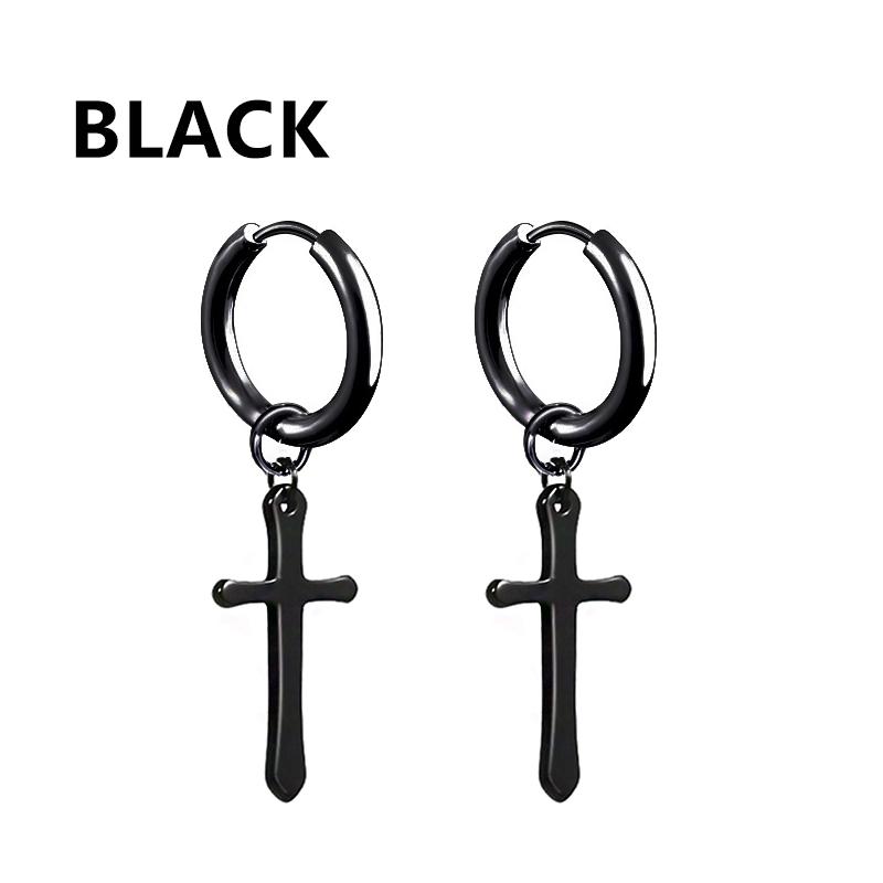Pendientes de aro Punk negros de acero inoxidable para hombres y mujeres, pequeños colgantes de Cruz redonda de , accesorios de joyería, pendientes: Chapado en cobre envejecido