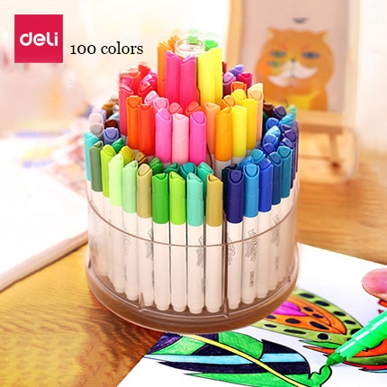 Deli aquarel pennen 100 kleuren en 8 markeerstiften per set wasbare markers draaibare duurzaam schilderij tekening gekleurde pennen