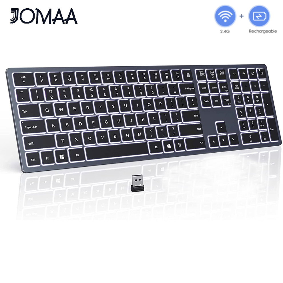 Kabellose Tastatur mit Hintergrundbeleuchtung, 2,4 G USB, leise kabellose Tastatur mit Hintergrundbeleuchtung, wiederaufladbares, schlankes Tastatur- und Mausset in voller Größe