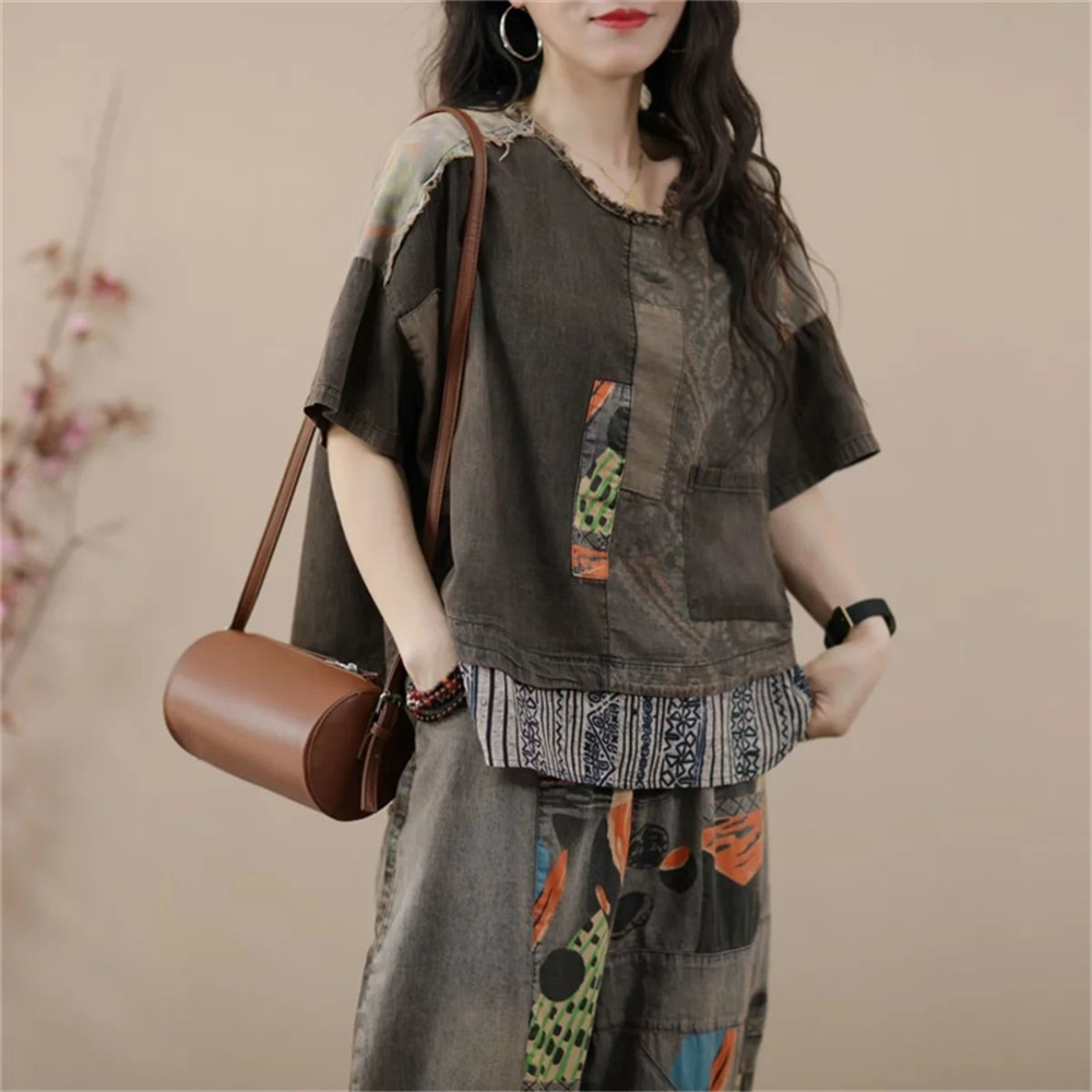 Conjunto de calças jeans Harlan de mulher, coreano, estilo étnico, pequeno, casual, roupa de alta qualidade, estampada, feminina, verão, novo, 2024
