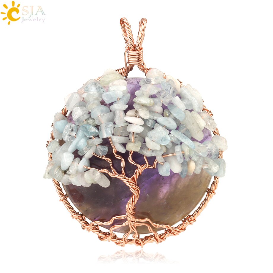 CSJA Natural Cabochon Stone Tree of Life Pendant Rose Gold Color Wire Wrap Chip Bead Wisdom Tree Healing Women Men Necklace G193: Amethyst