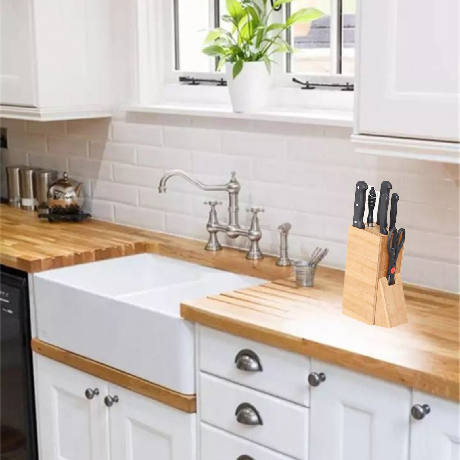 Universal Wooden Knife Block Holder Functional Bamboo Knife Block Stand Knives Storage Box Organizer Kitchen Accessories Tool