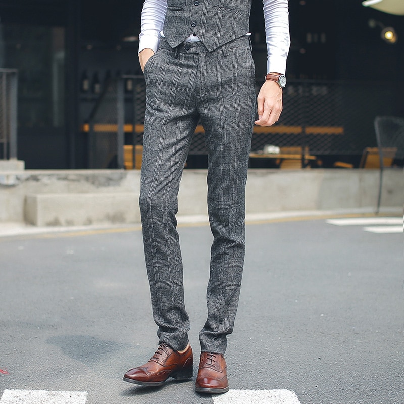 Mens High-end Brand Boutique Plaid Casual Business Suit Pants / British Casual Men Slim Casual Pants Trousers