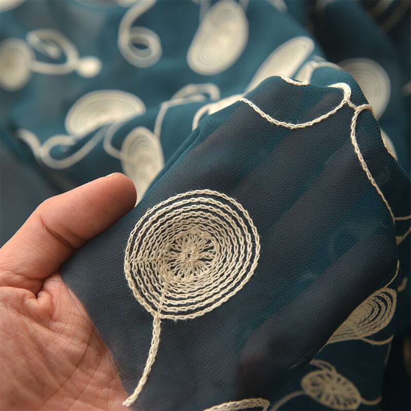 Dark green Chiffon tissu Rice white melon and rattan circle embroidery fabric High end clothing dress DIY fabrics