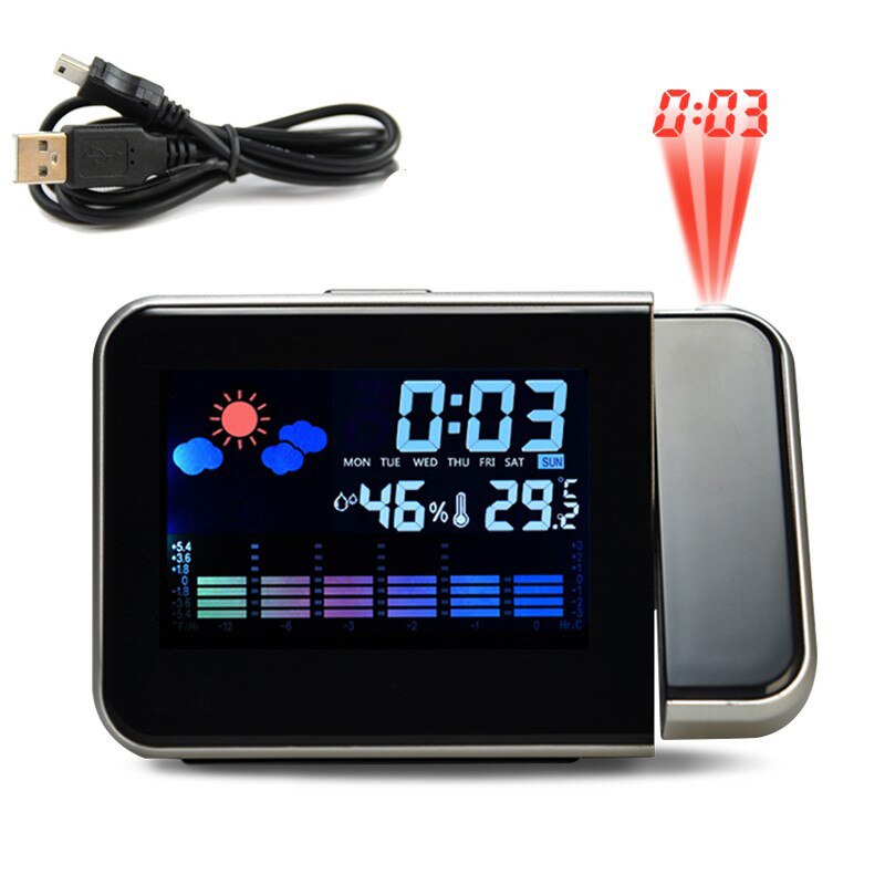 Tijd Projectie Digitale Wekker Led Display Snooze Wandklok Met Weerstation Thermometer Datum Display Usb Charger: black with usb