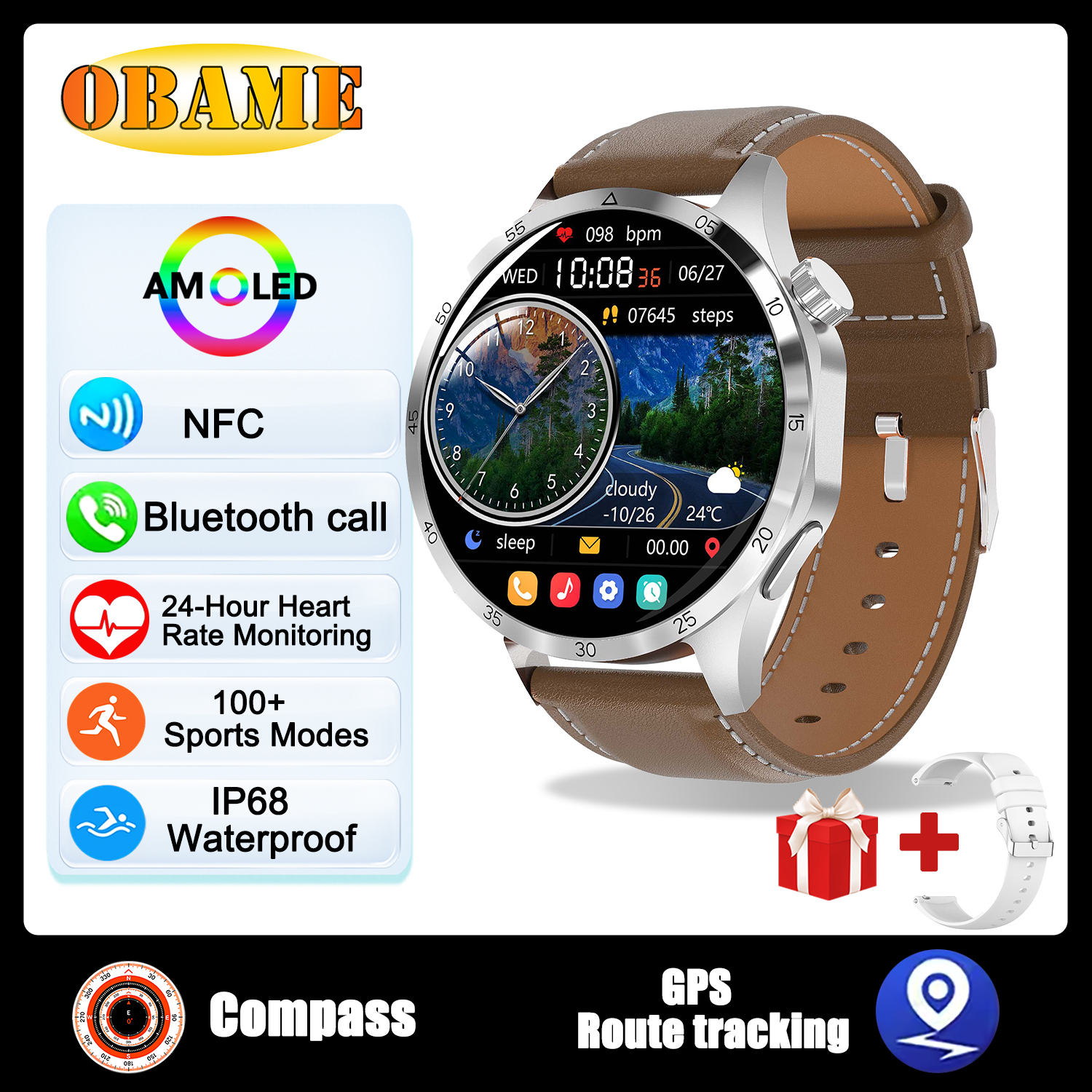 reloj inteligente clásico con GPS, pantalla AMOLED Ultra HD de 1,6 pulgadas, GPS incorporado, llamada BT, NFC, IP68, reloj inteligente resistente al agua para Android IOS: Rosa