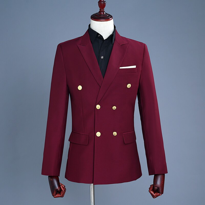 Men's Business Casual Suit Golden Double-Breasted Lapel Wine Red Slim Suit Two Piece Set (Jacket+Pants) Banquet Party Set