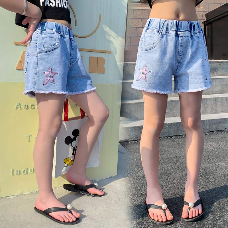 Girls Denim Shorts Teenagers Summer Embroidery Star Pattern Short Pants Kids Beach Clothes Children's Shorts For Teenage Girls