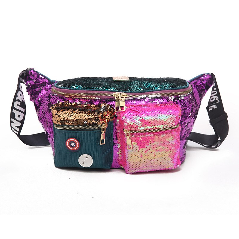 Kleur Pailletten Vrouwen Taille Tas Grote Capaciteit Hip Hop Fanny Pack Meerdere Zakken Riem Zakken Vrouwelijke Schouder Crossbody Borst tas: Purple waist bag