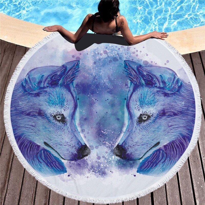 Mikrofiber strandhandduk med tofsar för vuxna barn yoga tofs vargfilt stor rund handduk tryckt gobeläng heminredning