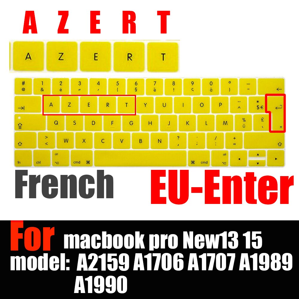 Francuski układ osłona klawiatury ue dla macbook touchbar 13 "15" A1990 A1989 A1707 A1706 folia ochronna na klawiaturę laptopa AZERT: YELLOW