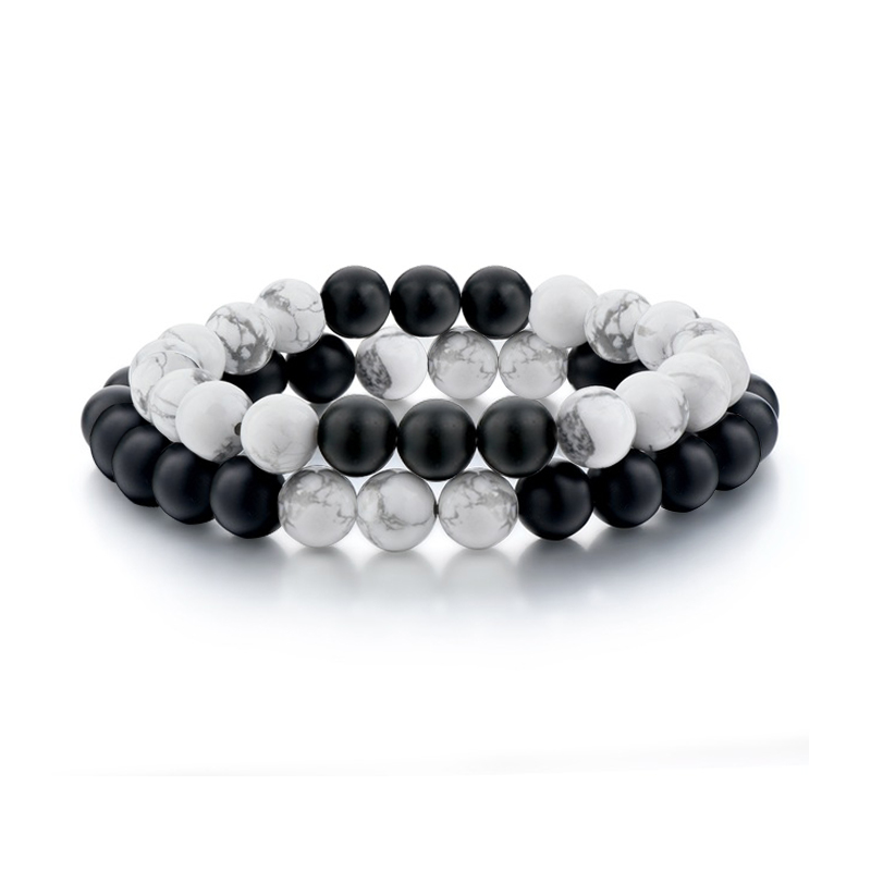 Paar Abstand Armbinde Natürliche Stein Schwarz Weiß Perlen Armbänder Charme Yoga Armreifen Schmuck Für Frauen Männer Liebhaber Pulsera: 2Stck-1