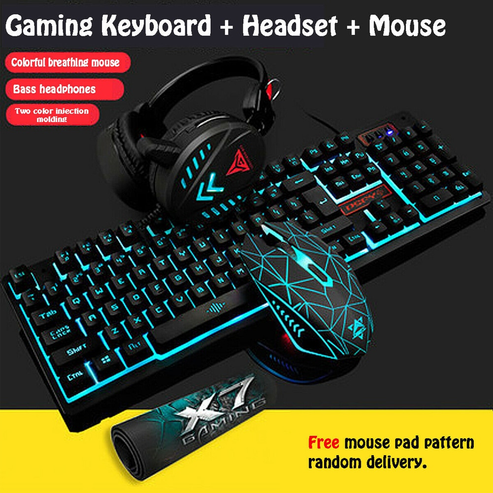 4Pcs Illuminated Gaming Mouse Pad Accessories Home Mechanical Wired USB Keyboard Set Computer Desktop Backlight Headset