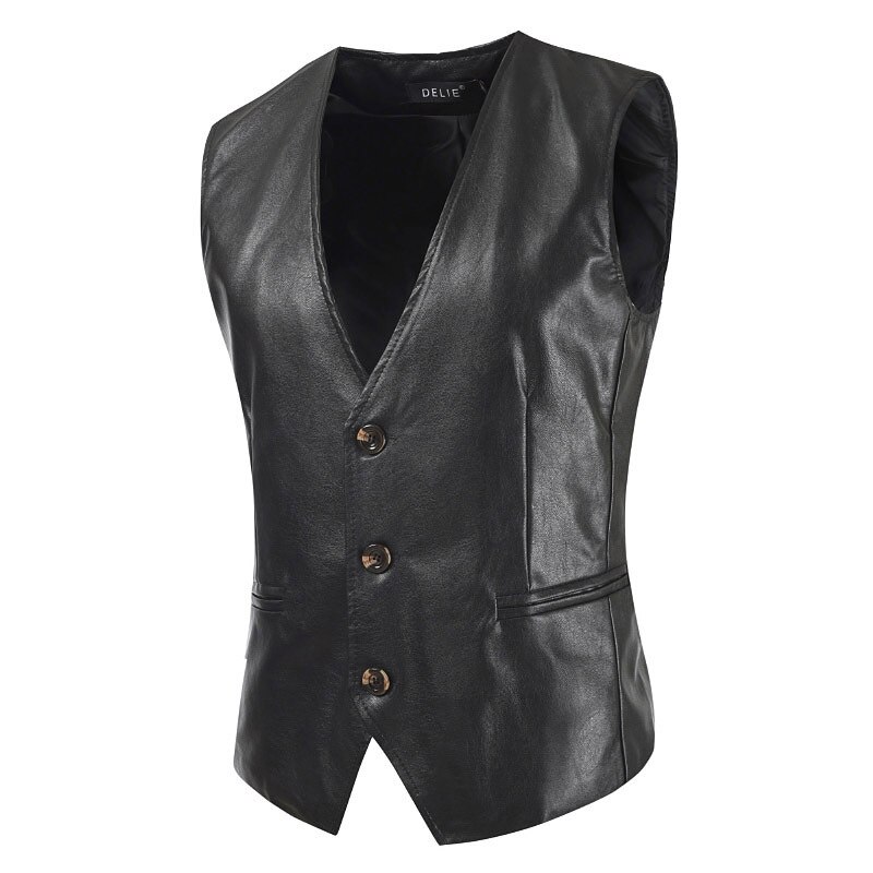 Chaleco de cuero de Color puro para hombre, chaqueta ajustada Simple, traje, MJ143,: Black / M