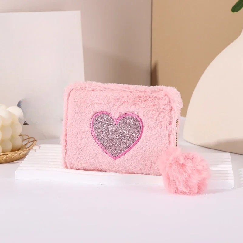Girls Cute Plush Heart Print Wallet Children's Zipper Coin Purse with Card Holder Clutch Bag Mini Purse Coin Pouch Card Wallet: Beige