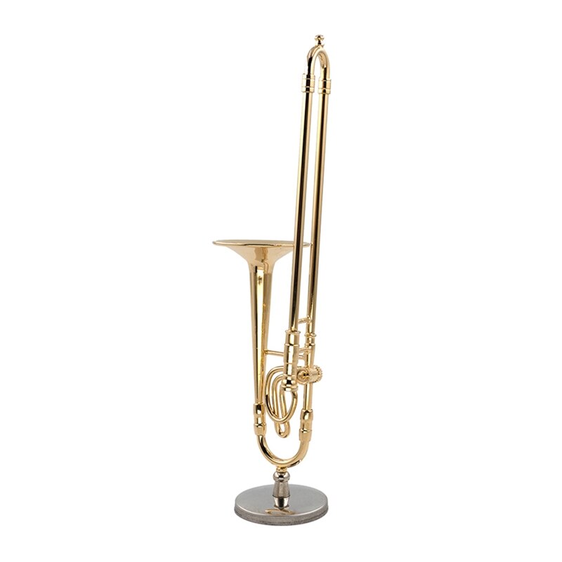 12Cm Miniature Pure Copper Trombone Model With Support Mini Musical Instrument Model With Black Leather Box: Default Title