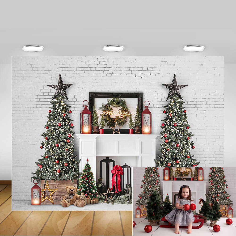 Glædelig jul foto baggrund hvid murstensvæg pejs vinter juletræer baggrund fotografering legetøj lampe photocall
