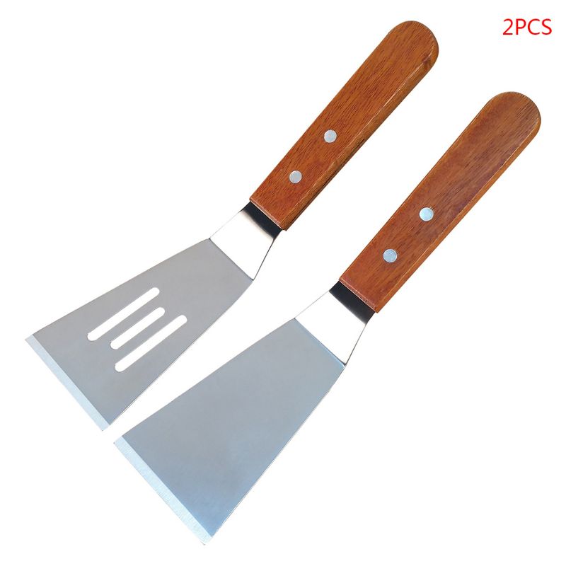 2 unids/set de pala para fritos de acero inoxidable con fugas, espátula para masa de Pizza, pala para cortar con mango de madera, herramienta para hornear